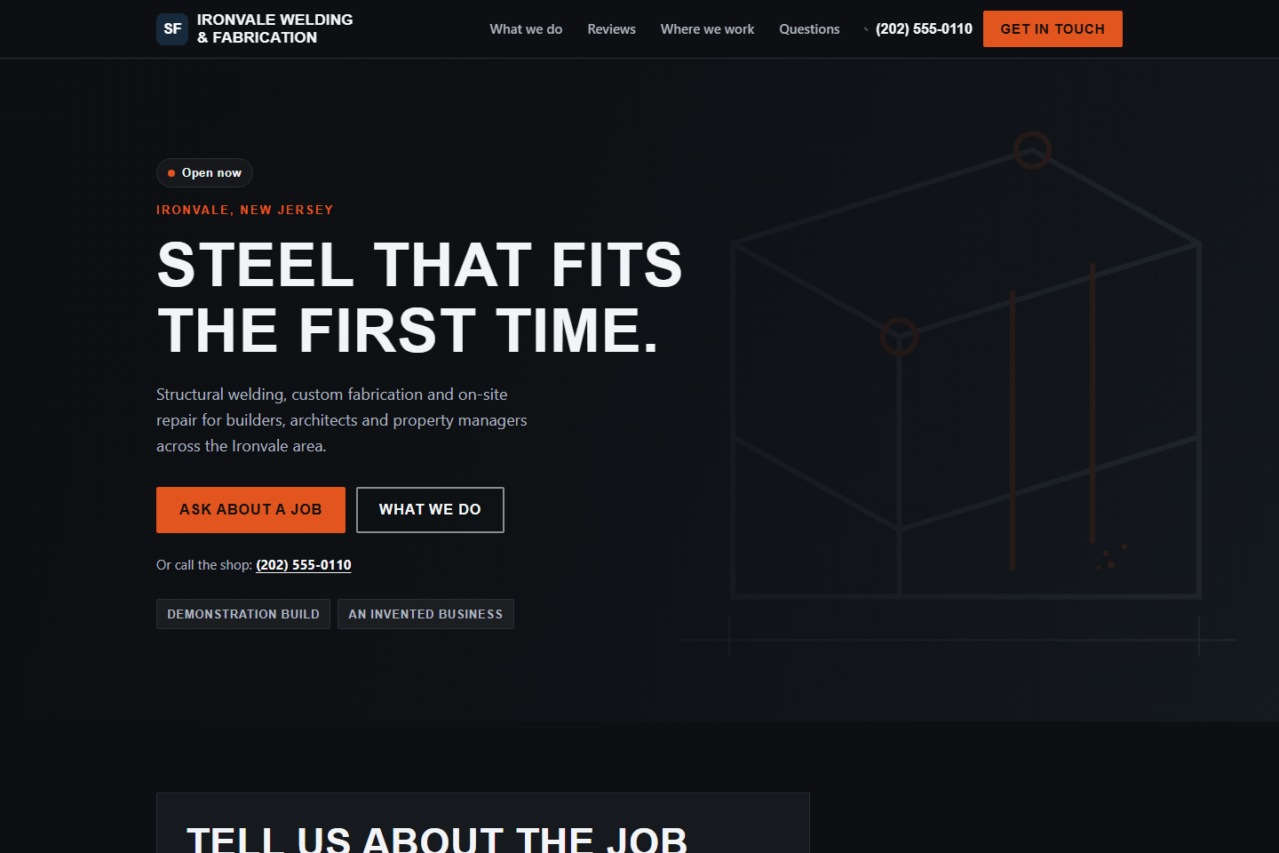 Fictional Ironvale Welding and Fabrication homepage from the public Site Factory example.